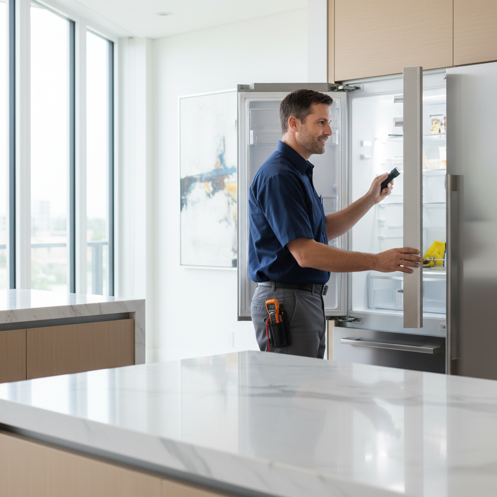 Professional appliance repair technician inspecting a refrigerator